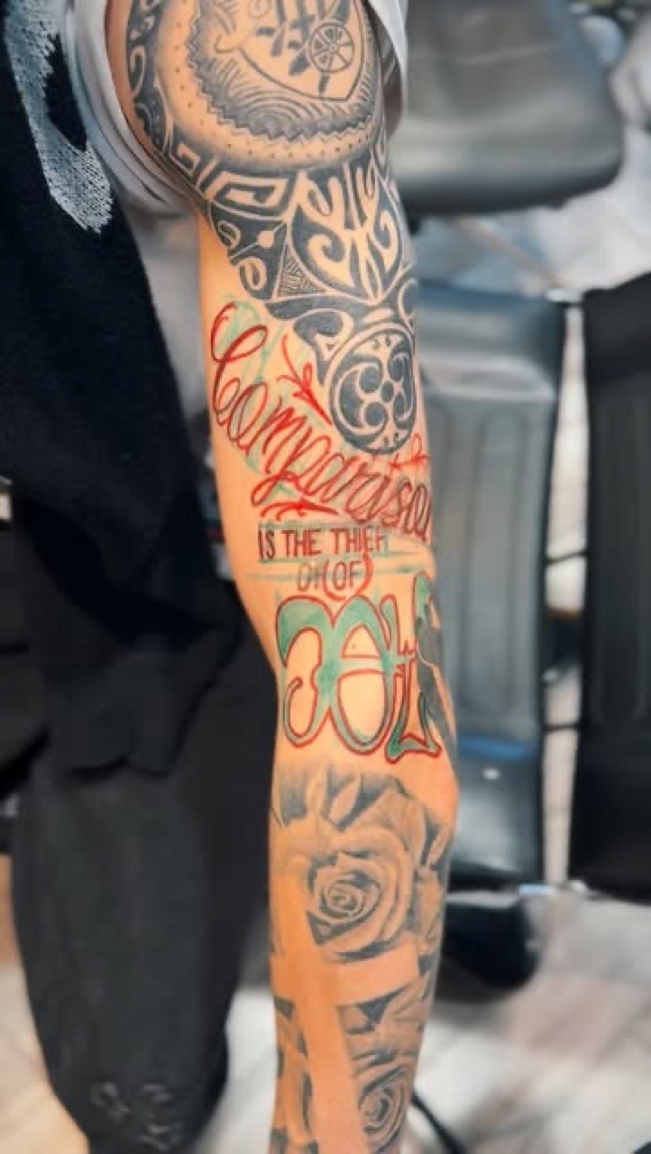 Freehand black and grey sleeve tattoo by Lux at Yes Electric Tattoo Toronto