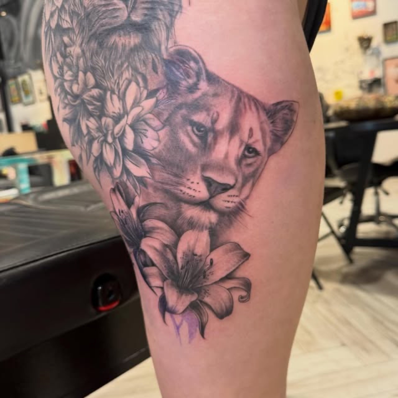 Lioness black and grey realism tattoo by Lux at Yes Electric Tattoo Toronto