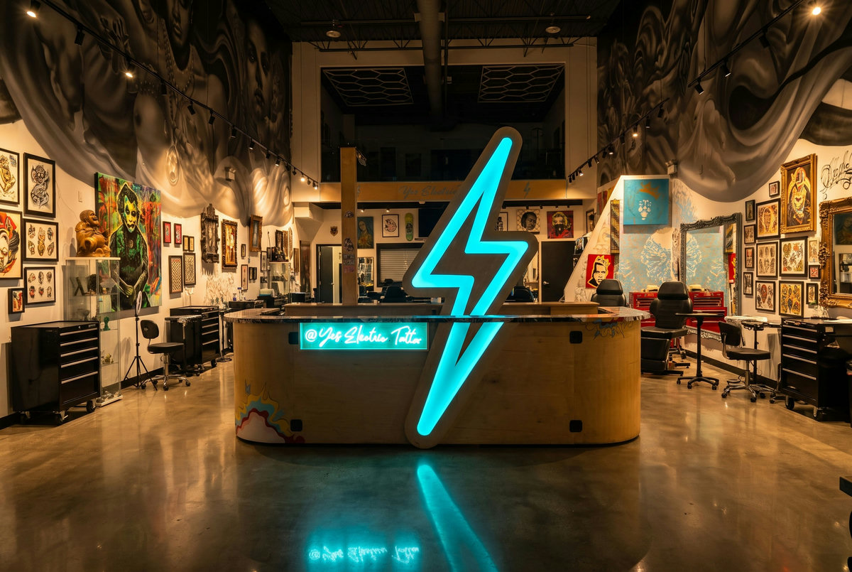 The Yes Electric front desk with its giant glowing cyan lightning-bolt sculpture and mural walls